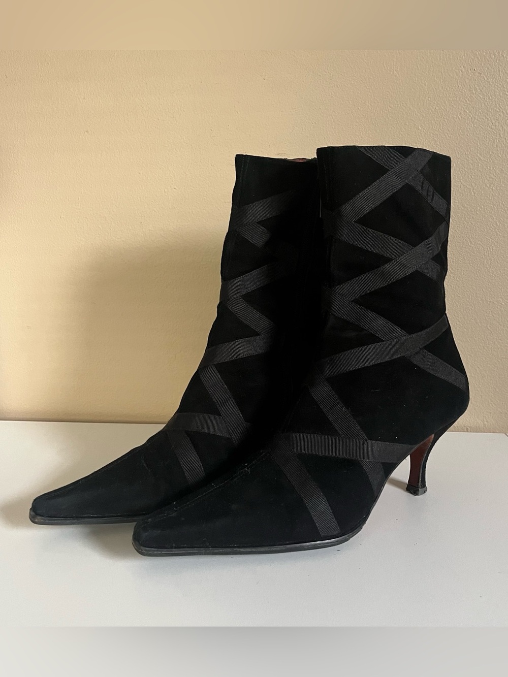 Donald J Pliner Livido suede ankle boots with crisscross ribbon detail, size 9